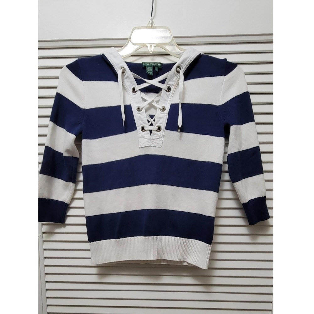 Navy Nautical coastal style Lauren Ralph Lauren Striped Lace Up Hoodie Sweater